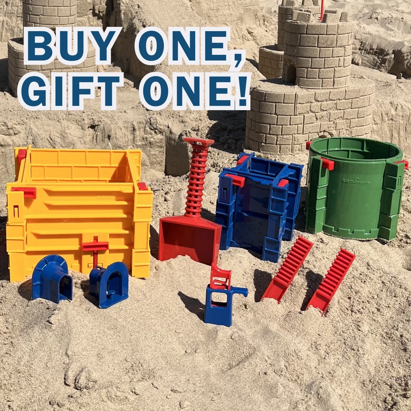 Sandmasons Sandcastle Kit Journeyman Buy One Gift One – Get two medium-size sand and snow castle building sets with interlocking forms and tools.